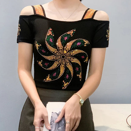 New Summer European Clothes Women's T-Shirts Luxury Butterfly Hot Diamonds Tees Sexy Streetwear Off-Shoulder Tops Shirt