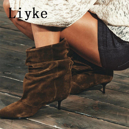 Liyke Brown Retro Elegant Designer Ankle Boots Women Fashion Pleated Suede Autumn Winter Low Thin Heels Party Prom Chelsea Shoes