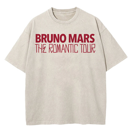 100% Cotton Vintage Washed Bruno Mars The Romantic Tour 2026 T Shirt Fashion Men Aesthetic Oversized Loose Acid Wash Tees Shirts