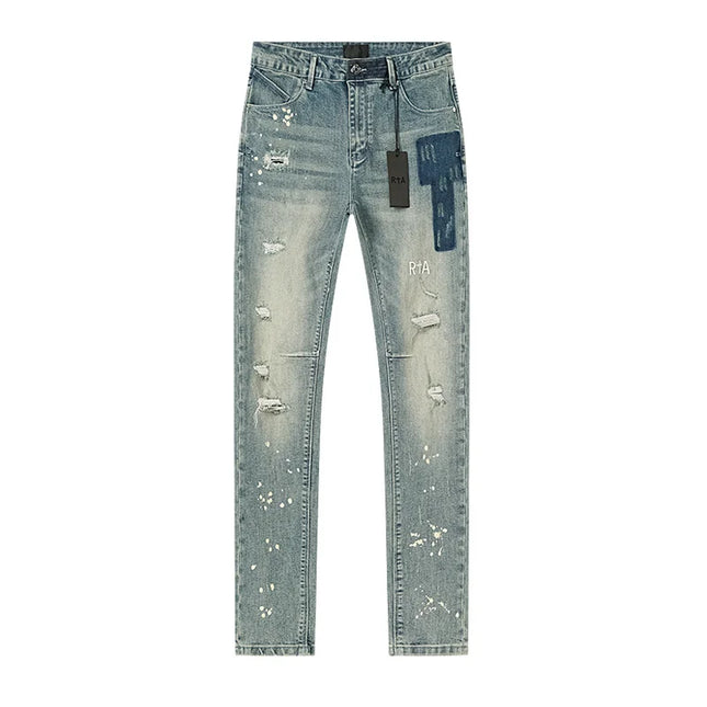 RTA Brand Men's Slim Fit Paint Graffiti Damaged Destroyed Hole Skinny Denim long Trouser Jeans Pants Streetwear