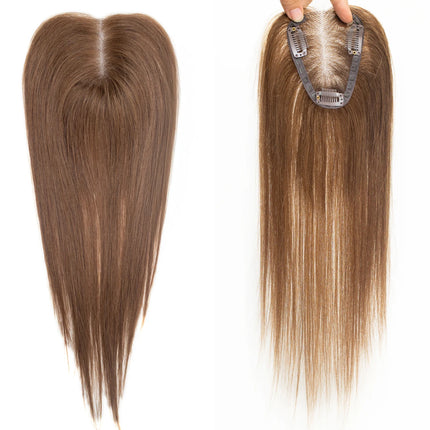 100% Human Hair Toppers Brown Highlight Hairpieces Middle Part Women Hair Topper with Lace Base Clip in Hair Extensions Natural