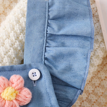 Baby Girl Soft Denim 3D Flower Embroidered Flutter Overall Romper + Bow Headband, Cute 2-Piece Outfit
