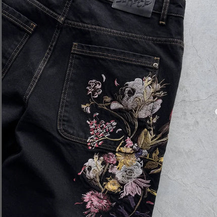blossom embroidered pattern jeans Y2K loose men women zipper jeans wide leg pants Gothic Harajuku American style streetwear