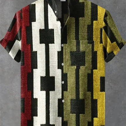 New men's short sleeved linen shirt with geometric pattern 3D printing, Hawaii casual vacation fashion lapel button top