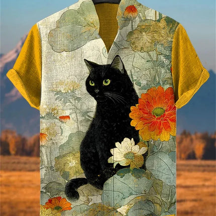 New Healing Style Linen Short Sleeved Shirt for Men, Retro Black Cat, Goldfish 3D Printed Casual Top Clothing