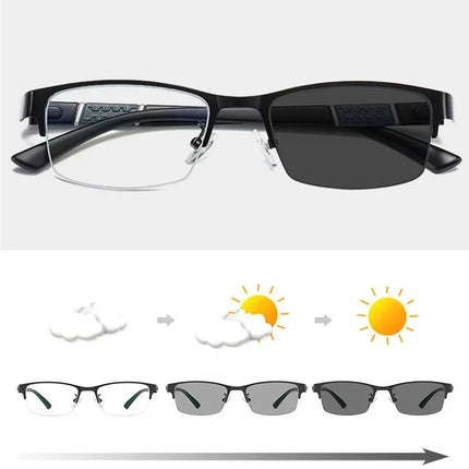 Business Men's Photochromic Myopia Glasses Unisex Half Frame Square Near Sight Eyeglasses Optical Prescription Minus Eyewear