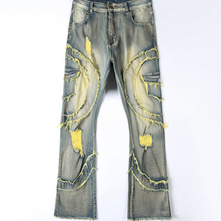 2025 New European and American men's casual jeans, street punk fashion, retro, ripped hole, slightly flared tassel elastic jeans