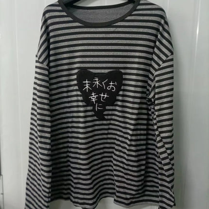 American Punk Vintage O Neck Long Sleeve Shirts All-Match Striped Design Harajuku Embroidery Tops Y2k Aesthetic High Street Tees