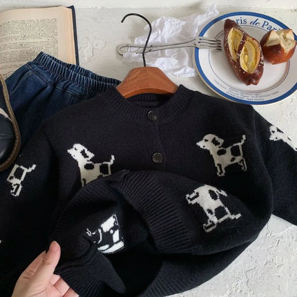 Korean style Kids baby clothes 2024 Fall Winter cartoon dog black sweater for boys and girls knit Cardigan Coat