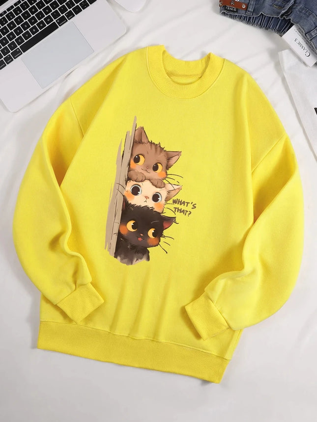 Three Little Cats Are Secretly Watching You Print 2025 Autumn Winter Hoodie Women Street Sweatshirt Basics Sporty Pullover Cloth