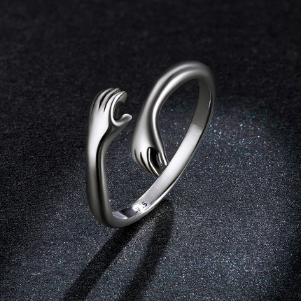 BAMOER 925 Sterling Silver Hug Open Ring Warm Love Hand Adjustable Glossy Ring for Women, His Big Loving Family Party Gift