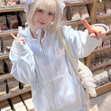 Japanese Autumn Casual Hoodies Oversized Lace Patchwork Harajuku Women's Tops Y2k Aesthetic Cartoon Embroidery Cute Sweatshirts