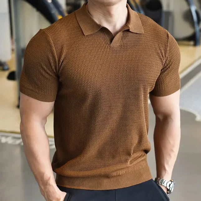 Summer Thin Knitted Polo Shirt Casual Short Sleeve Men's Loose Fit Top Vintage Wave Texture Loose Comfortable Summer Wear