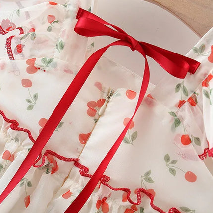 Baby 0-4 years old summer new sweet and cute bow dress dress cherry chiffon skirt girl thousands of net gauze idyllic skirt