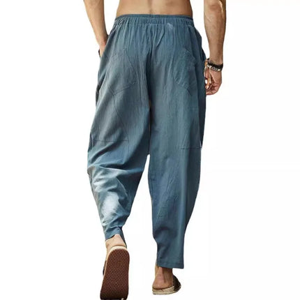 Men's Cotton Linen Pencil Pants Summer Loose Elastic Waist Hip Hop Trousers Solid Color Breathable Casual Joggers