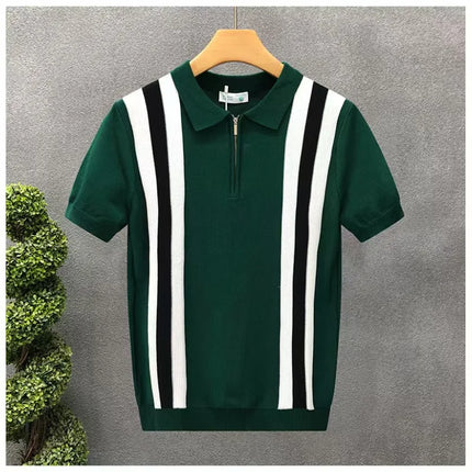 Summer New Men Slim-fit Luxury Knitted Polo Shirt Striped Patchwork T-shirt Casual Zipper Short Sleeve Tops Business Knitwear