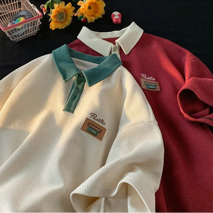 Men's Summer Style American Vintage Polo Shirt Versatile Cotton Half Sleeve T-shirt Loose Fit Casual Clothing