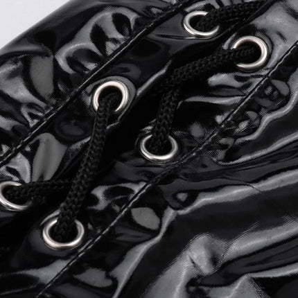 Women Wetlook Shiny PVC Leather Jumpsuits Erotic Porn Leotard Clubwear Deep V Lace-up Bodysuits Sexy Zipper Open Crotch Catsuits