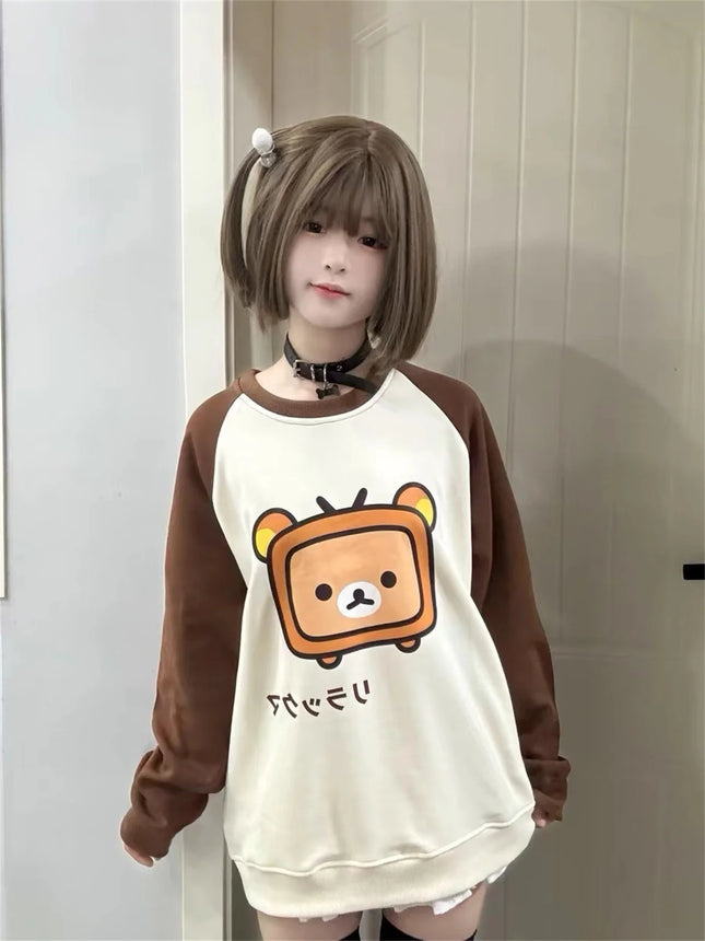 Cartoon Cute Print Hoodie O-neck Long Sleeve Top Anime Hoodies for Women Outdoor Wear Woman Clothing Woman Sweatshirts