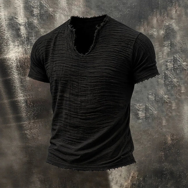 Men Frayed V Neck Short Sleeve T Shirt Wrinkled Texture 100% Cotton Minimalist Casual Solid Color Tees For Daily Wear