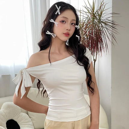 2024 Women's Summer Ins Style New Shrink Pleated One-Shoulder Crop Top Backless Twist Tie Asymmetric T-Shirt Casual Top