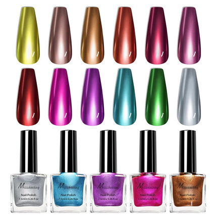 12 Colors Mirror Effect Nail Polish - Metal Chrome No UV Lamp Needed, Quick Dry Long Lasting Nail Lacquer, Professional Salon