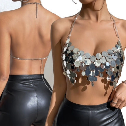 Womens Sexy Hollows Out Outfit Glitter Bra Tops Club Festival Beachs Party Mirrors Skirts for Summer