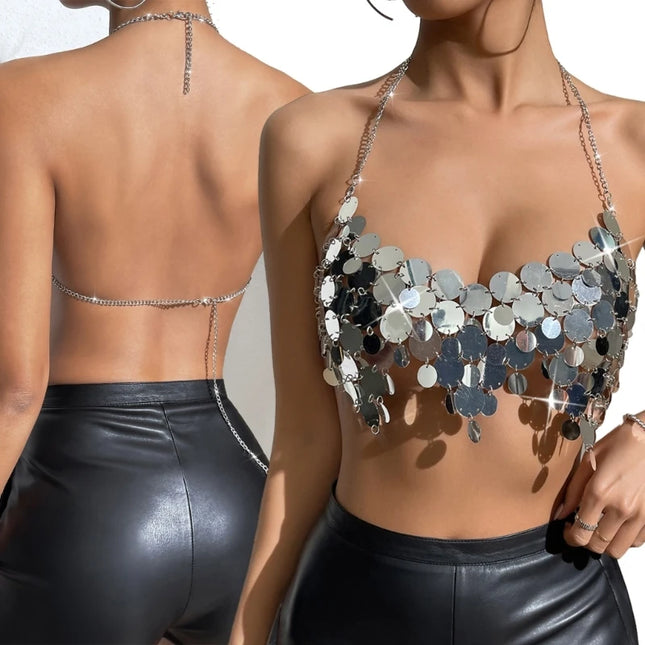 Womens Sexy Hollows Out Outfit Glitter Bra Tops Club Festival Beachs Party Mirrors Skirts for Summer