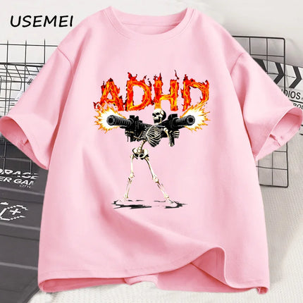 ADHD Skeleton Meme T Shirts for Men Casual Cotton Short Sleeve Tees Streetwear Loose Fashion Skull Graphis T Shirts Streetwear