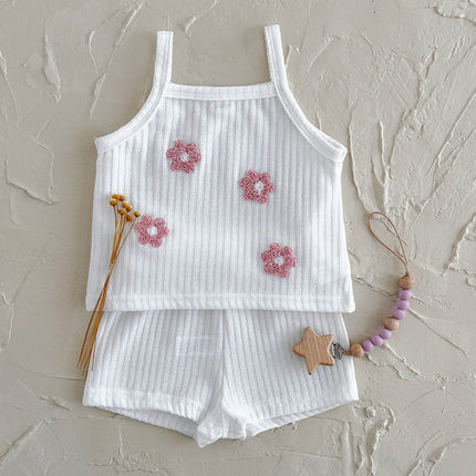 2Pcs/set Summer New Baby Girls Clothing Casual Newborn Set Pink Towel Embroidery Cute Vest-type T-shirt+Shorts Baby Set