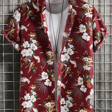 Hawaiian 3D Plant Shirt Flower Geometric Printed Blouse Street Outdoor Single-Breasted Beach Short Sleeve Tops Men's Clothing