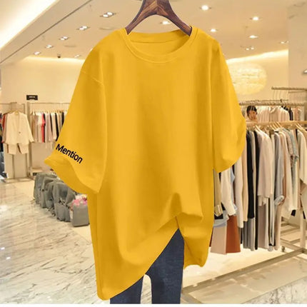 Women Clothing Fashion Solid Letter Print Short Sleeve T-shirt Summer Pure Cotton O-neck Basic Versatile Top Tee Loose Pullovers