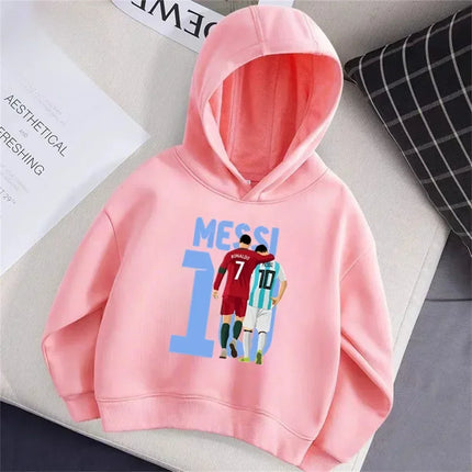 Football Star Messi Print Cartoon Children Hooded Sweatshirt Boy Girl Autumn Winter Daily Outdoor Casual Loose Warm Sportswear
