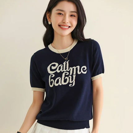 New women's short-sleeved 100% cotton knitted O-neck women's T-shirt Korean version fashionable hot selling top