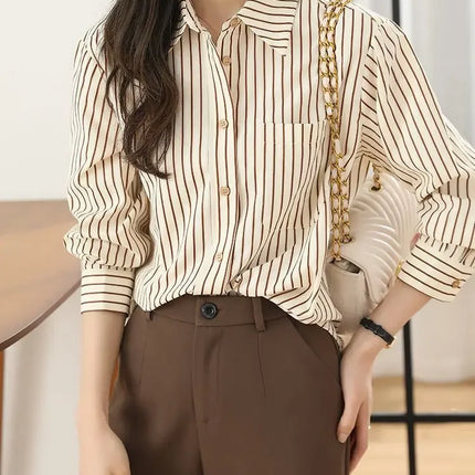 Women's Striped Shirt Casual Long Sleeve Fashion Outerwear Korean Style Spring Autumn New Arrival Elegant French Feel Top