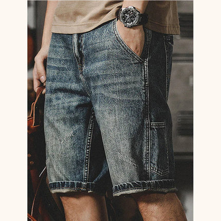 Men's denim shorts with summer frayed elastic men's casual pants slim-fit European-style shorts tight and worn-out men's pants