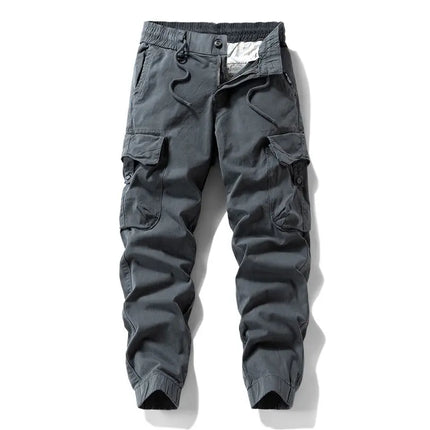 Men Tactical Cargo Joggers Multi Button Pocket Drawstring Waist Pants Vintage Military Outdoor Work Streetwear Casual Trousers