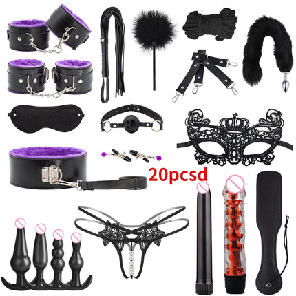 BDSM SexLove Set Kits Adults Sex Toys for Women Men Handcuffs Nipple Clamps Whip Spanking Sex Metal Anal Plug Vibrator Butt