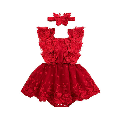 Infant Baby Girls Princess Rompers Dress Lace Butterfly Fly Sleeve Mesh Skirt Hem Jumpsuits with Headband Birthday Party Outfit