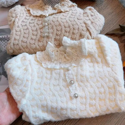 2025 Baby Girls Sweet Lace Soft Velvet Tops Sweaters Elegant Girl Kids Autumn Winter Clothing Children Comfortable Clothes