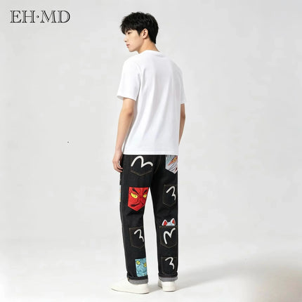 Japanese Handmade Embroidered Jeans Men's Pure Cotton Straight Tube Hip-Hop Popular Slim Red Ears Show Thin Trousers Devil Big M