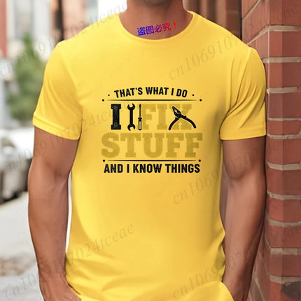 'I Fix Stuff and I Know Things' T-Shirt Men Funny Vintage Handyman Graphic Tee Short Sleeve Casual Tops Gift for Repairman