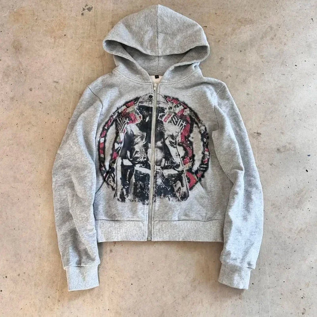 European and American Autumn and Winter Sports Hooded Pullover Retro Printing Pictures Men and Women Same Grey Loose Hoodie