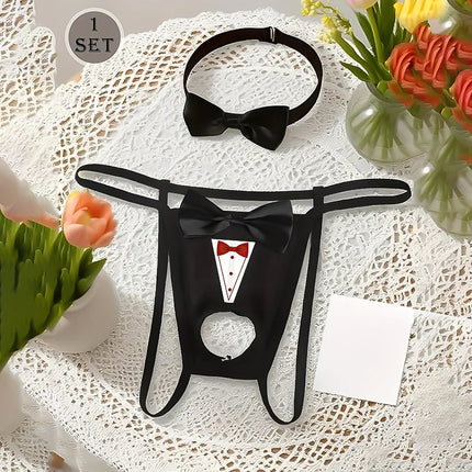 Sexy Bow Crotchless Thong Men's Hollow Lingerie Panties with Bow Collar Set Tuxedo Waiter Server G-String Costume Cosplay Outfit