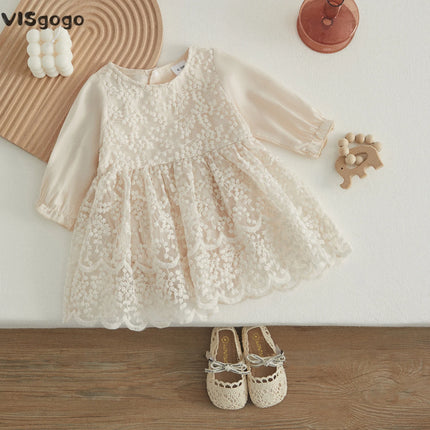 VISgogo Baby Girls' Tutu Romper Dress Long Sleeve Round Neck Patchwork High Waist Lace Floral Party Princess Dress