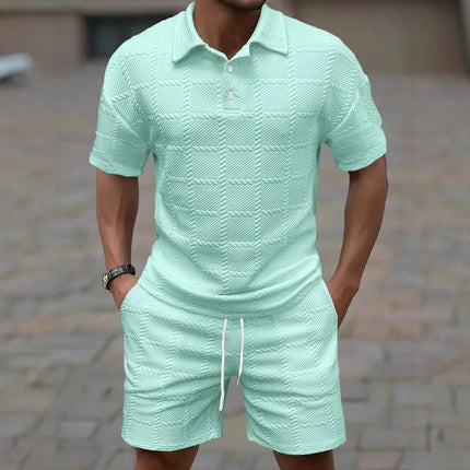 2026Summer Male Casual Two Pieces Suits Vintage Polo Neck Short Sleeve Tops And Shorts Men's Sets Fashion Plaid Textured Outfits