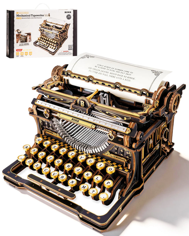 ROKR 3D Wooden Typewriter Puzzle – Black and Gold Mechanical Model Kit, DIY Toy, Vintage Decoration, Adult Collectible Gift