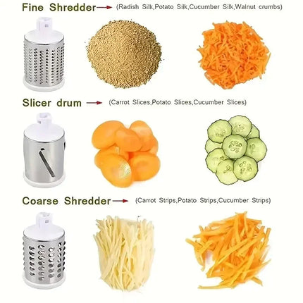 3 in 1 Rotary Vegetable Slicer Multifunctional Handheld Grater with 3 Sharp Rollers Cheese Shredder Kitchen Tool
