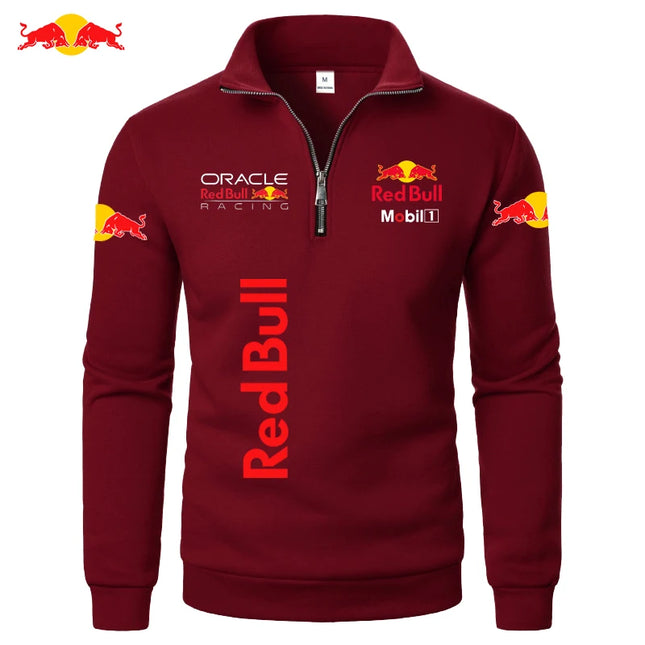 RedBull Logo Autumn-Winter Fashionable High-Neck Half-zip LongSleeved SolidColor Sport Shirt Thickened Men's Clothing Casual Top