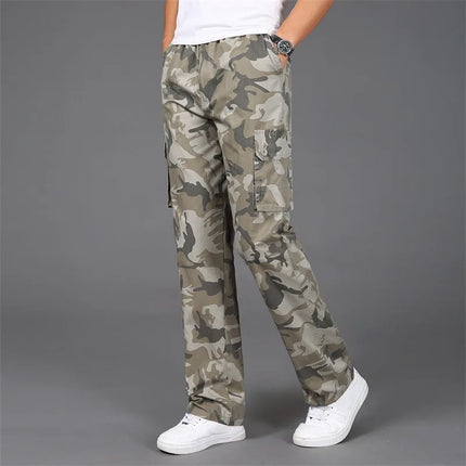 Men's casual camouflage work pants with multiple pockets, outdoor sport pure cotton straight-leg long pants, loose fit for work
